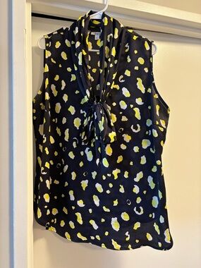 Bar III Black Sleeveless Tie-Neck Top with Yellow and White Spot Print